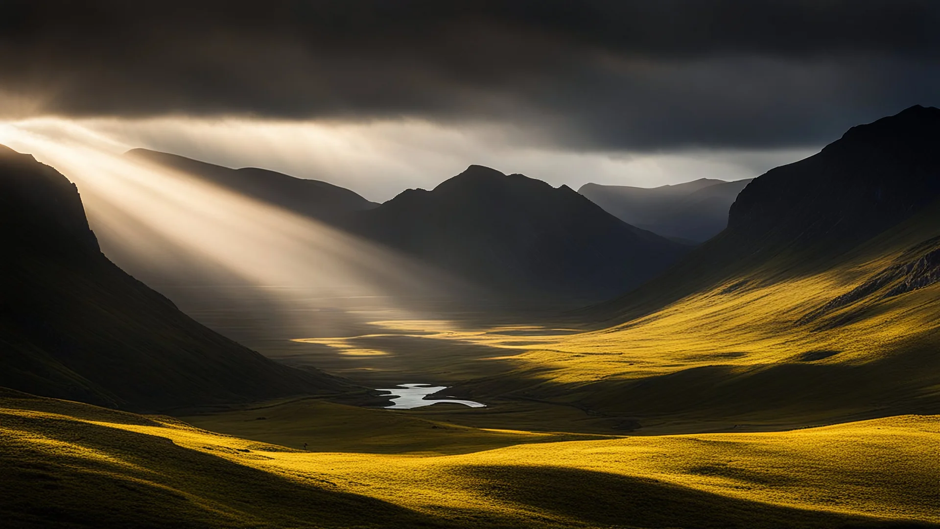 Mountainous landscape on Kerguelen, dramatic sunlight, chiaroscuro, beautiful composition, award-winning photograph