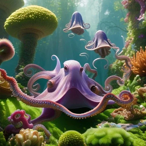 pixar style, volumetric summer garden environment and background, realistic painting of a octopus, looking excited, detailed digital painting, extreme dense and fine fur, anime, ornate, colour-washed colors, elegant, small minutiae, tiny features, particulars, centered, smooth, sharp focus, renderman gofur render, 8k, uhd, detailed eyes, realistic shaded volumetric lighting, sunlight caustics, backlight, centered camera view