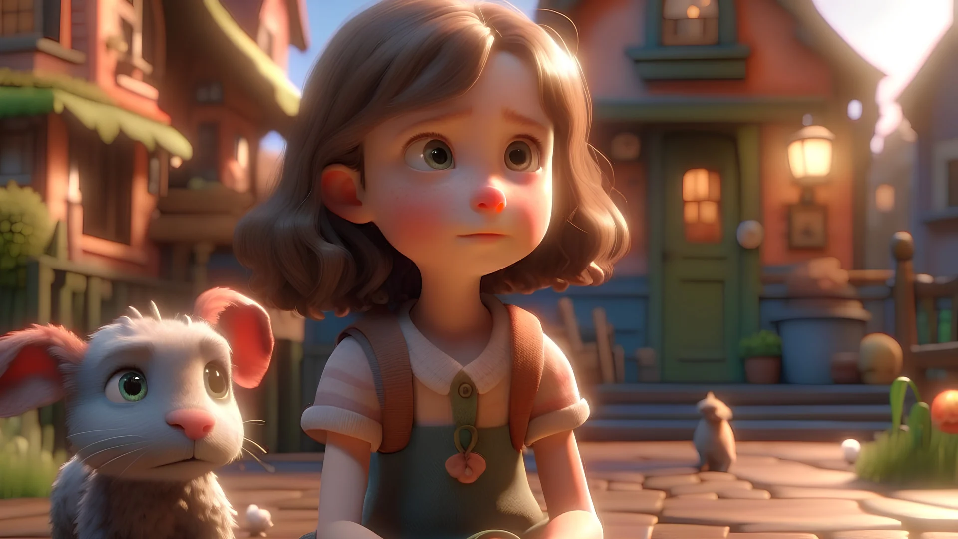 Once upon a time in the cozy town of Willowville, there lived a little girl named Lily and her furry friend hyper-realistic,8k,ultra hd,pixar style,disney style,,cinema 4d,--ar3:2