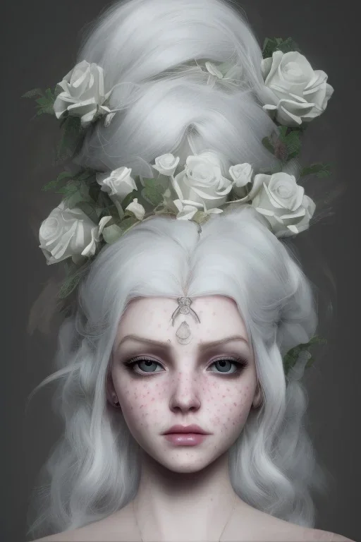 white girl, white hair, white roses, Camilla d'Errico, fantasy art, concept art, hyper detailed, beautiful, complex, trending on artstation, cinema4d, cryengine, national geographic photo, chiaroscuro A whitehaired Victorian woman with skulls and green flowers, high quality art, hyper detailed, beautiful, complex, trending on artstation, cinema4d, cryengine, national geographic photo, chiaroscuro