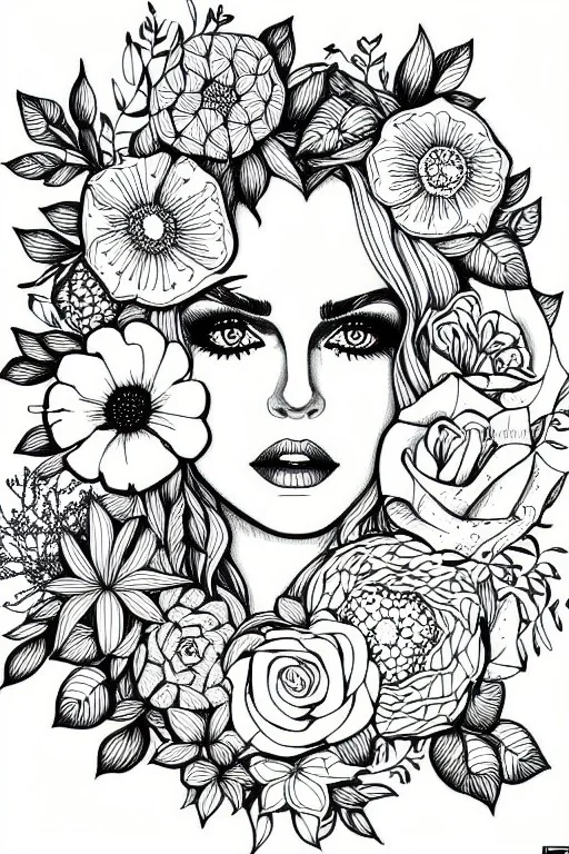 hyper detailed, black and white, thick line, coloring book illustration, lineart, stunningly beautiful woman in flowers