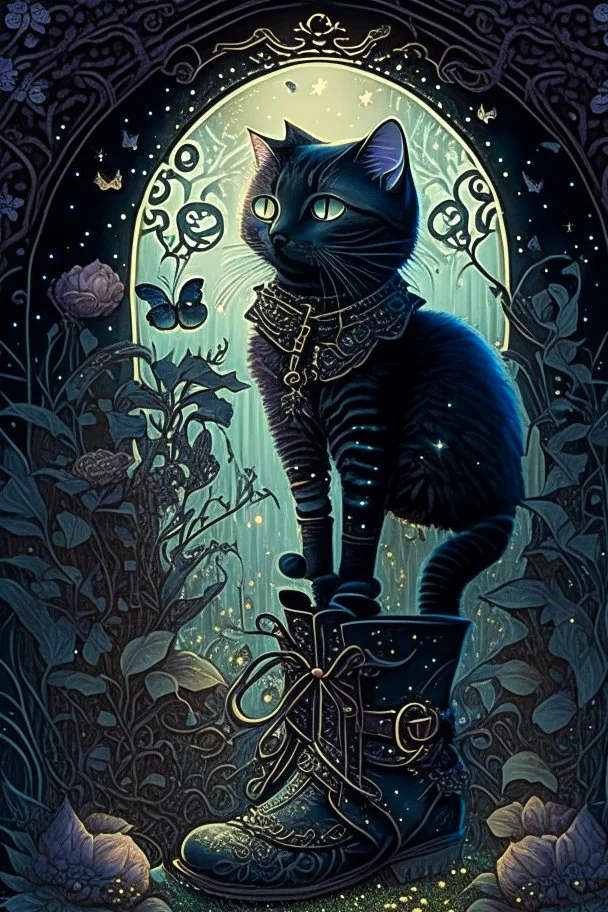 dark fantasy, intricate cover, a whimsical fairytale with a cat in boots