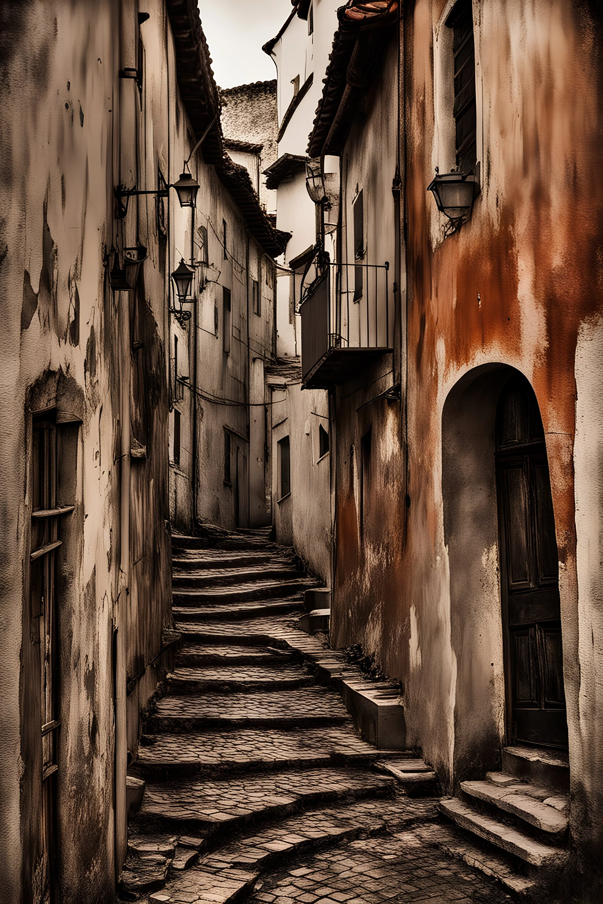 an old narrow and meandering stepped street in a picturesque town, steps are made of dirty old black and white (piano keyboards,:1.6) watercolor over photography, tint leak, ink leak, colors of rust and warm grey and dirt of age, aged peeling walls, sad vibe