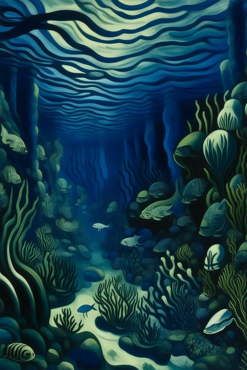 A dark blue underwater vibrating cove painted by Diego Rivera