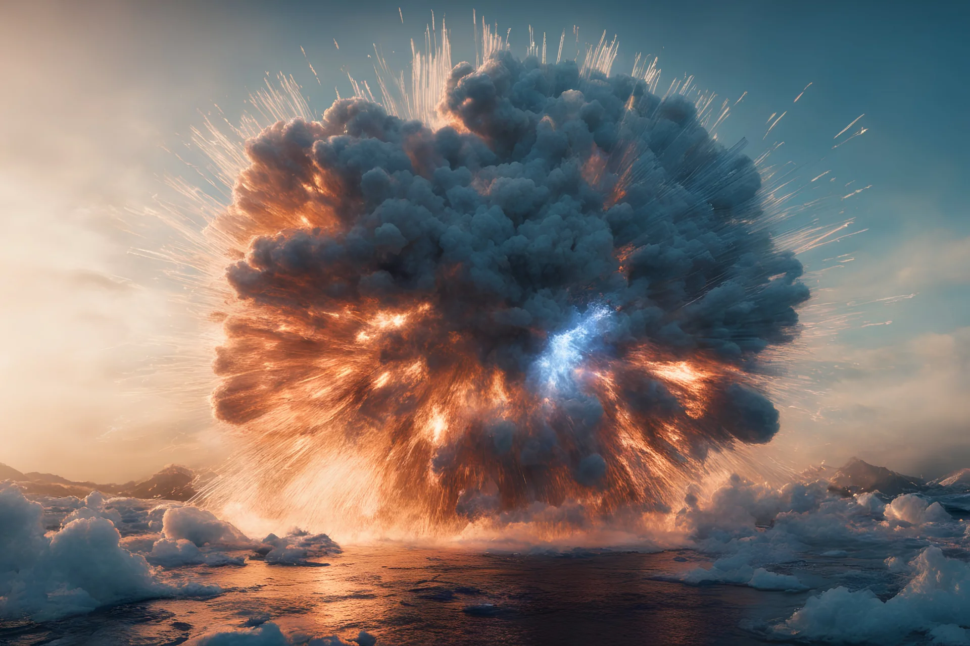 Atomic explosion, made of ice, ULTRA REALISTIC, details, intricate detail, professional lighting, film lighting, 35mm, anamorphic, lightroom, cinematography, bokeh, lens flare, film grain, hdr10, 8k, Roger Deakins, incredibly detailed, reflect, sharpen