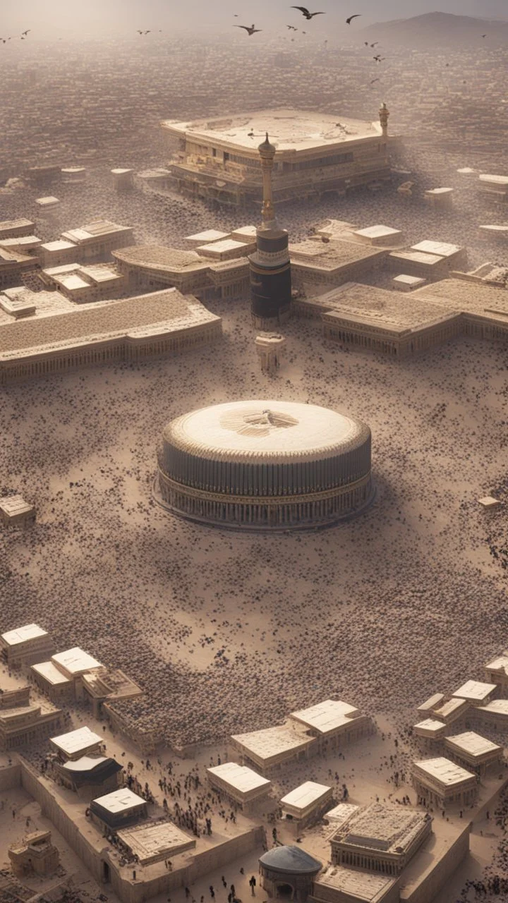 Many birds fly over the Kaaba, and around the Kaaba are small houses and a desert