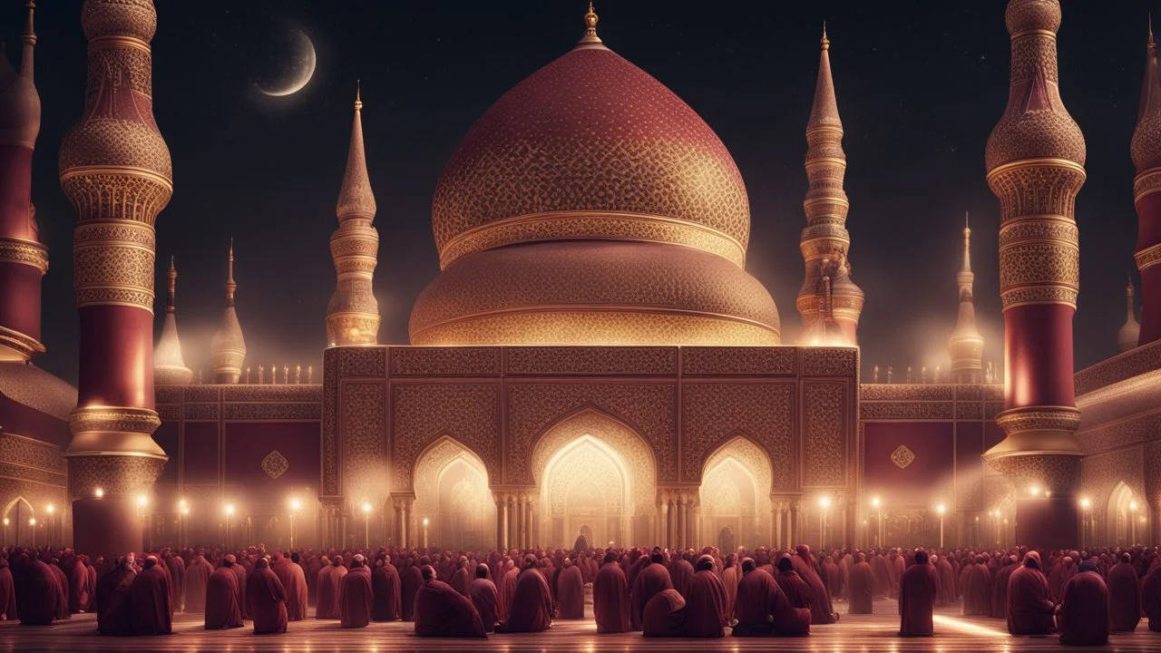 Hyper Realistic Photographic-View of lots of Muslim-Men praying inside a Massively-Huge-Beautifully-Crafted-Maroon-&-Golden Mosque with detailed-minarets & Ramadan-Light-Decorations-&-Lamps-&-a-water-fountain at beautiful-dark-night with dramatic-&-Cinematic-Ambiance