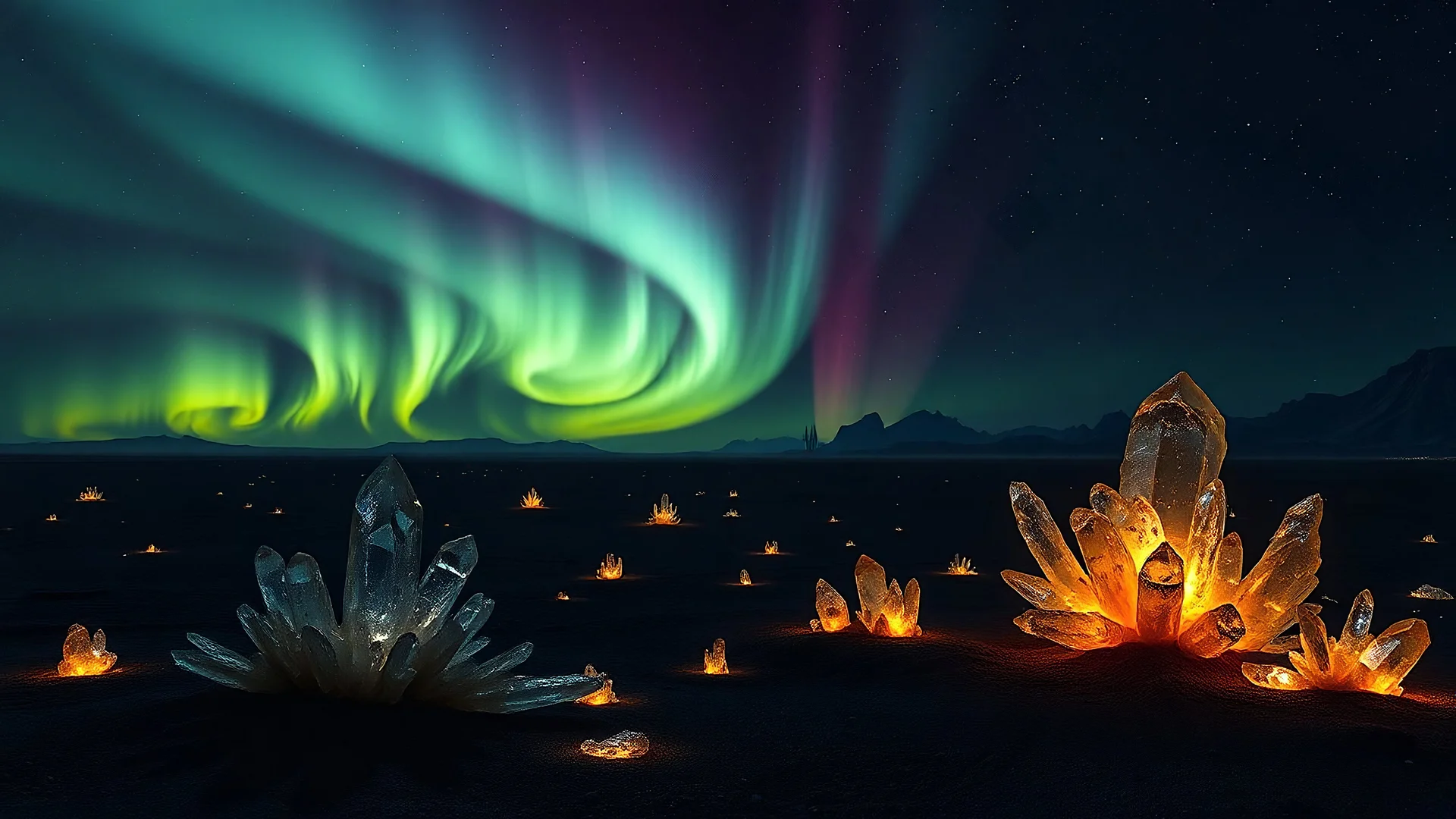 A stunning aurora borealis stretching across a dark, alien desert, with massive crystal formations glowing in the foreground and strange, towering creatures in the distance. Photographic quality and detail, award-winning image, beautiful composition.