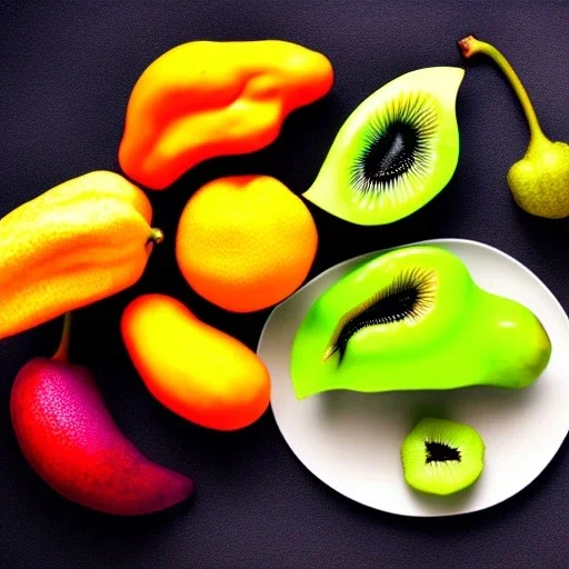 plate of various alien fruits from another planet, photographed