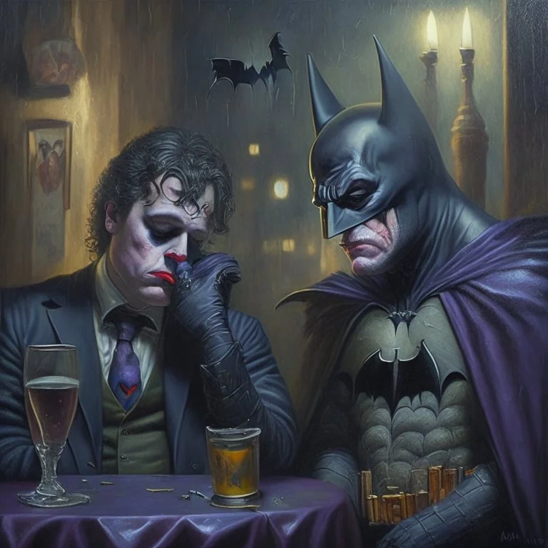 An oil painting of a dark universe masonic sad drunk batman and joker