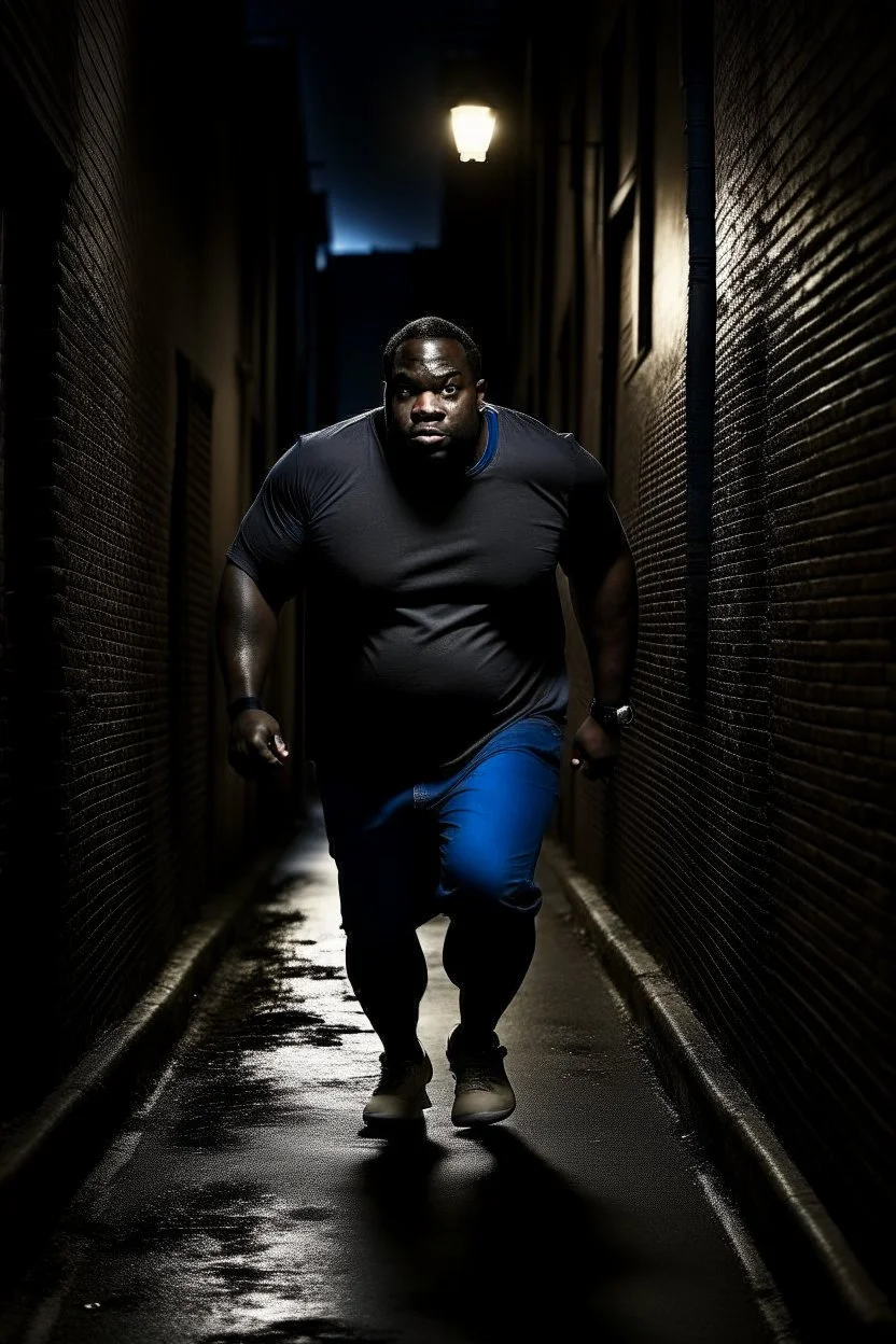 Big fat black man running in a dark alleyway in the distance