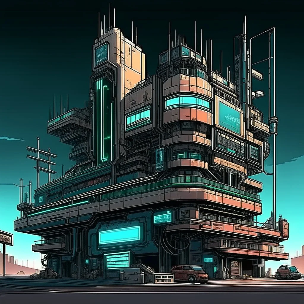 cyberpunk retro futuristic construction sight for comics