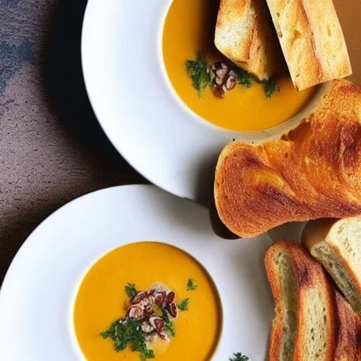 A beautiful picture of a Carrot pumpkin cream soup with garlic bread. The soup is full of flavor and the garlic bread is delicious.