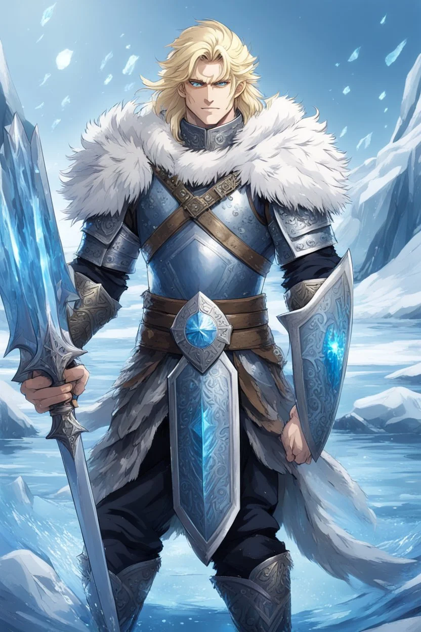 1 anime man. warrior, with blue eyes and blonde hair man in silver Viking armor with fur around the neck with blue crystal on his chest, standing in water in the artic, holding a ice sword and shield, warrior in, anime style