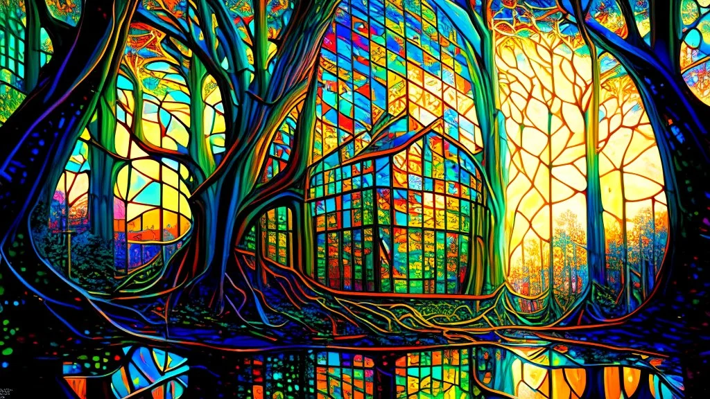 The glass castle shimmered in the sunlight each pane reflecting the glittering rays of the sun in a dance of light and color while the mangrove forest stood tall and proud each tree a sentinel of the lush verdant landscape guarding the secrets of the swamp within its twisted roots and branches, in a fantasy landscape, vibrant color, intricately detailed, sharp focus, art by Greg Rutkowski, Wayne Barlowe and Magali villeneuve, trending on Artstation, Unreal Engine 5