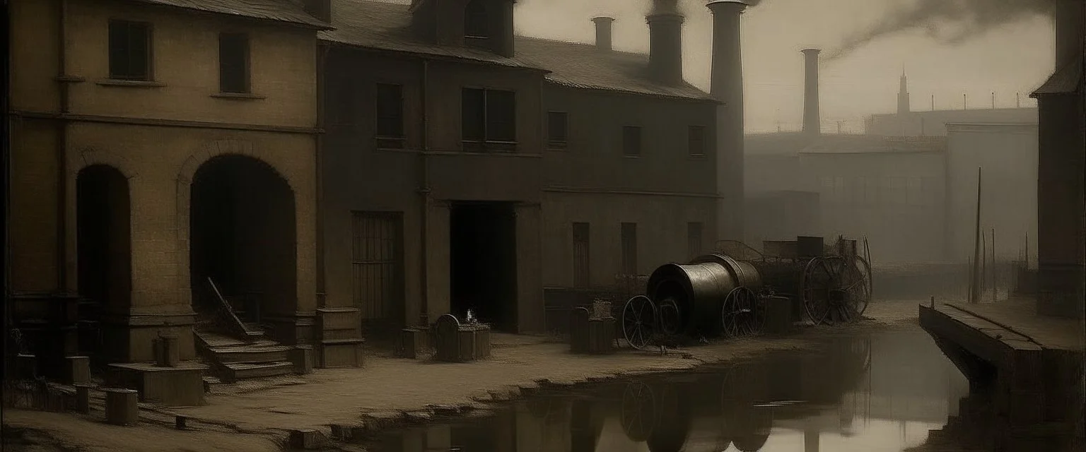 A gray factory with mechanized machines painted by Albert Pinkham Ryder