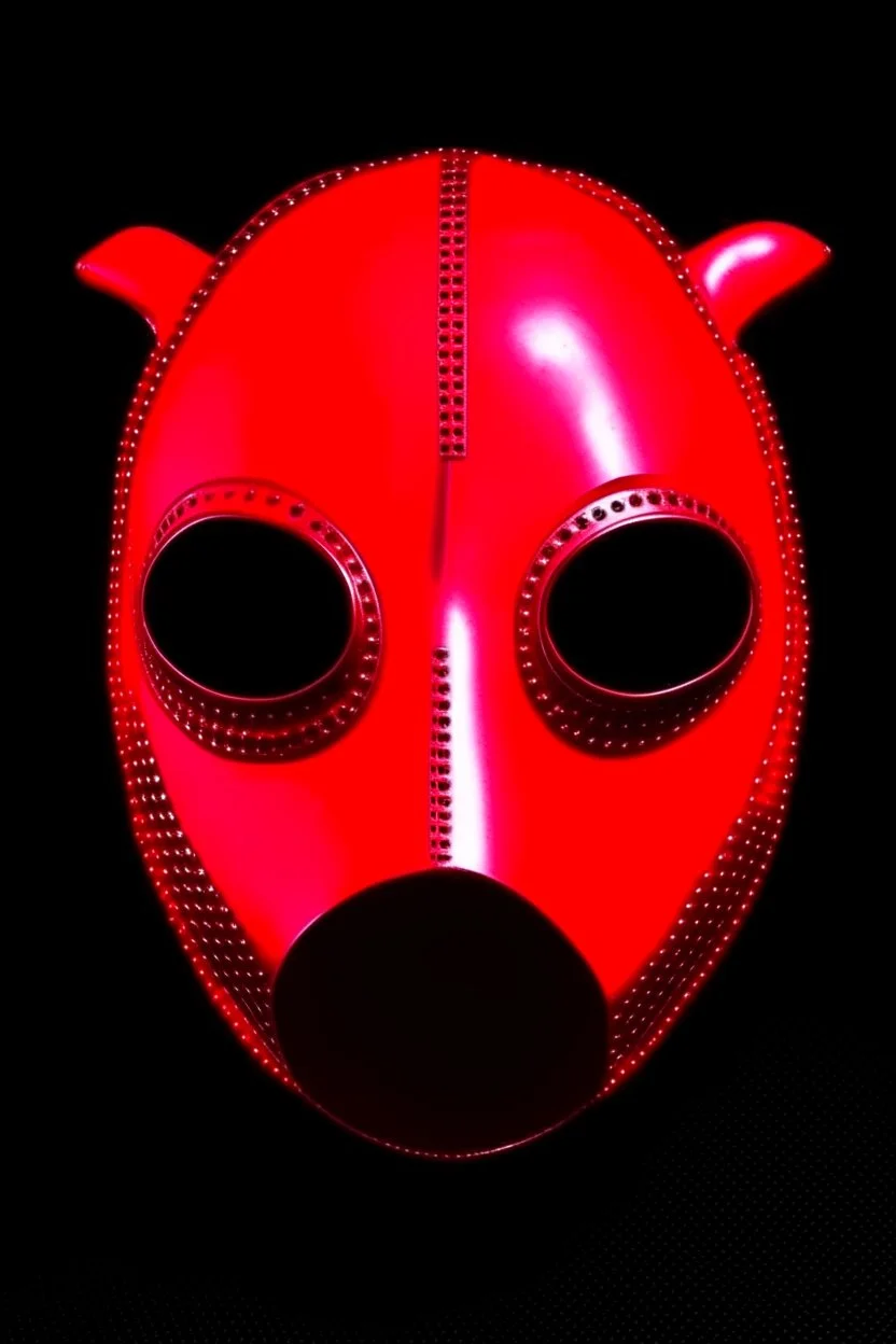 Create a metal mask that covers the bottom half of the face. The eye openings should be recessed and obscure the wearer’s eyes, showing them as glowing red. It should be gunmetal gray color and have symmetrical holes over the mouth area that glow slightly red. It should be worn by a rabbit and have a black hood