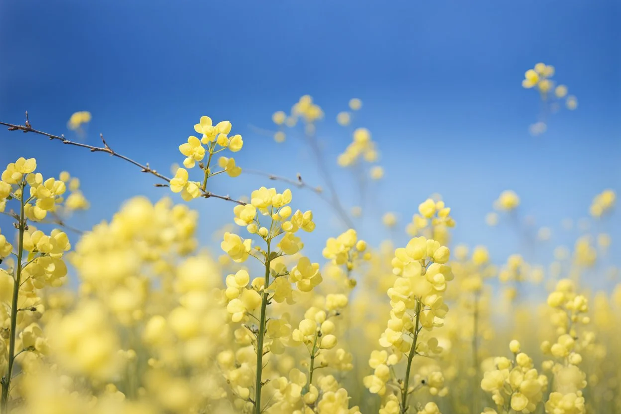 clear blue sky for top half, across Middle is canola flowers with green canola stems branches and leaves below, rapeseed sharp focus, realistic