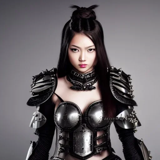 beautiful young asian queen with black leather studded armor, delicate black braided hair, glass eyes, highly detailed, 8k, ambient light, taylor swift