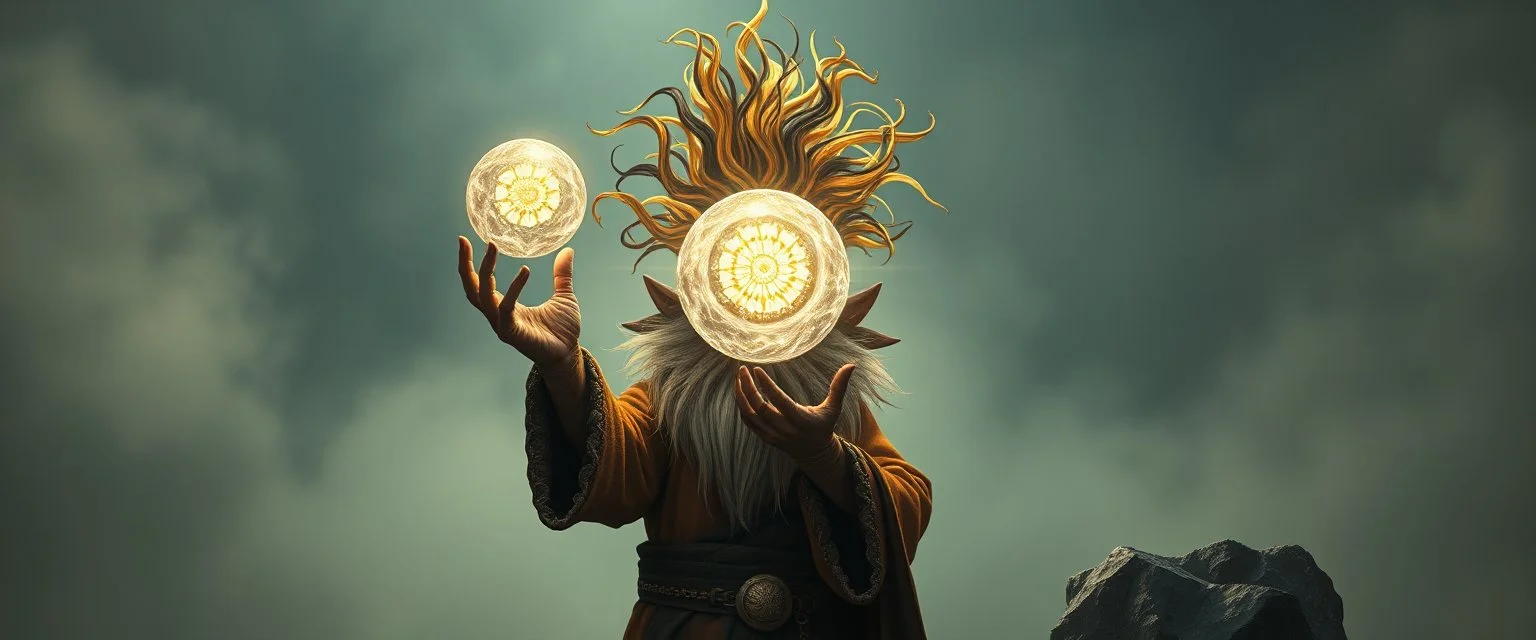 fearful dwarf priest with wild standing hair, expert holding up a floating radiant Painite crystal rosette ball shooting radiant light through the fog, folded hands, strange marble structures twisting perspective