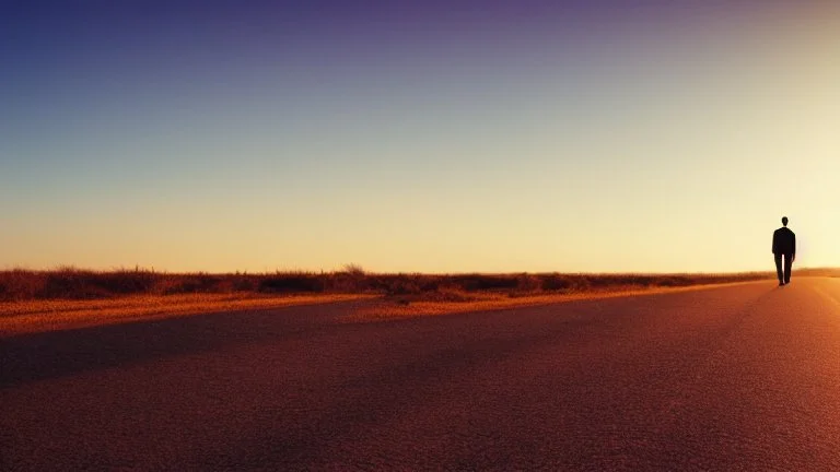 Lone man walking away into the sunset