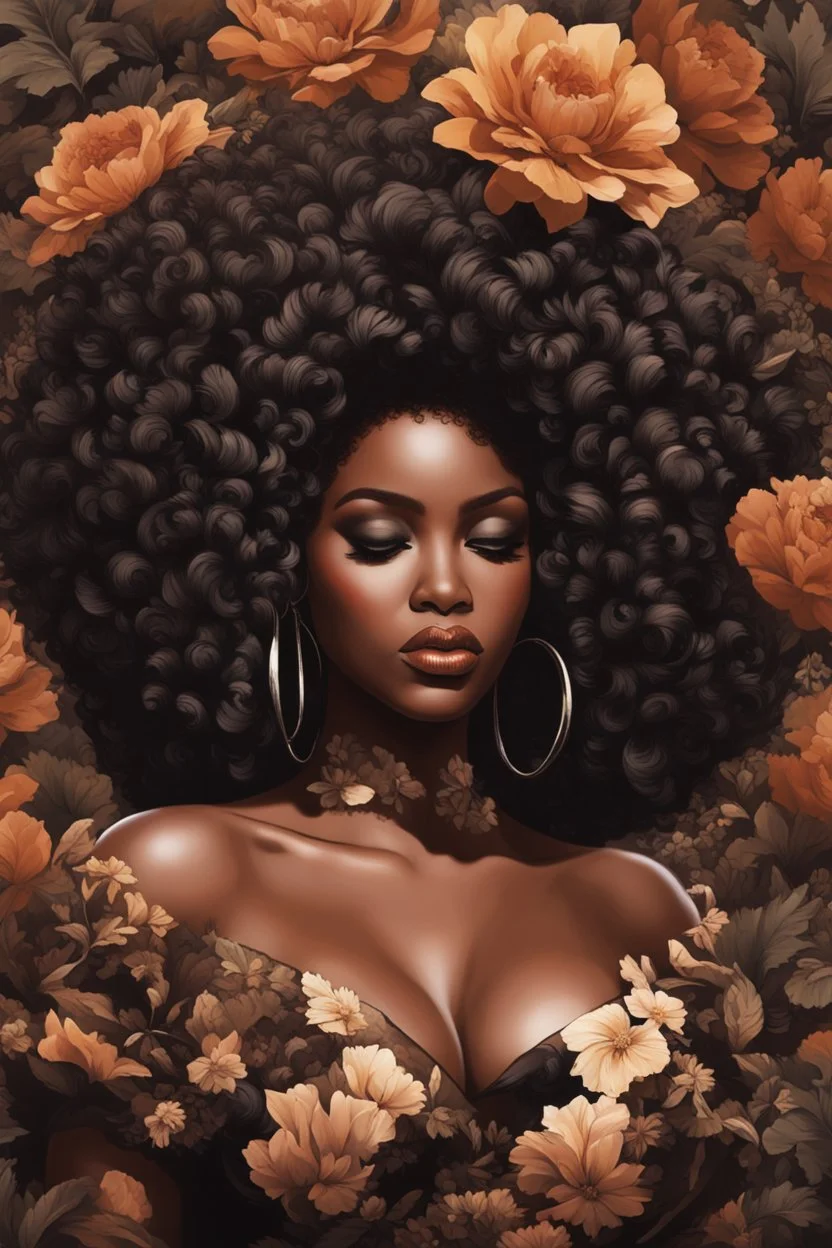 Create a aexpressionism art image of a curvy black female wearing a brown off the shoulder blouse, and she is looking down with Prominent makeup. Highly detailed tightly curly black afro. Background of large brown and black flowers surrounding her