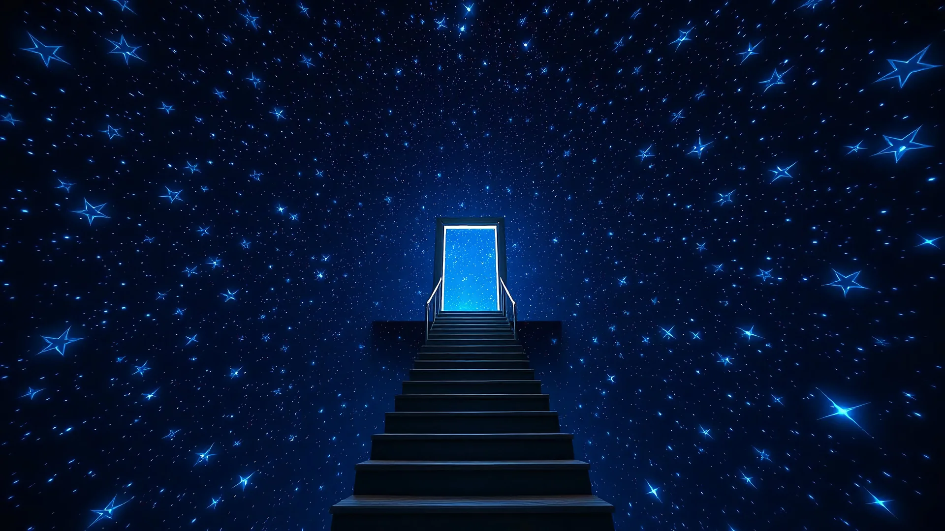 a wooden staircase leading to a portal in a room made of dark blue stars. photorealistic, wide shot, vibrant colors, long exposure lighting, extremely detailed.