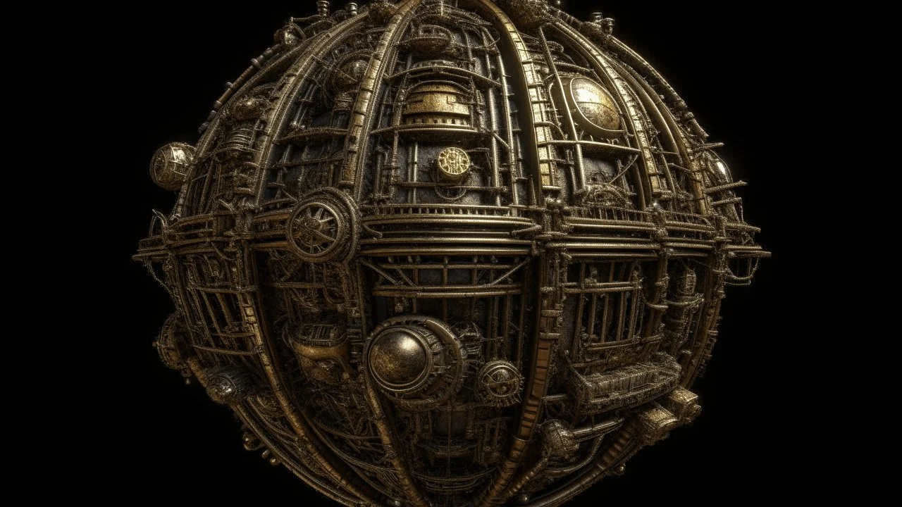 steampunk sphere with tubes, pipes, and wires floating in deep space, detailed