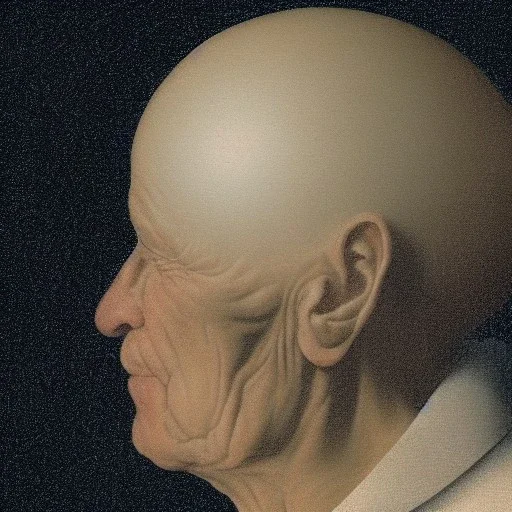 portrait of an elderly man's severed head floating in space, surrounded by white orbs