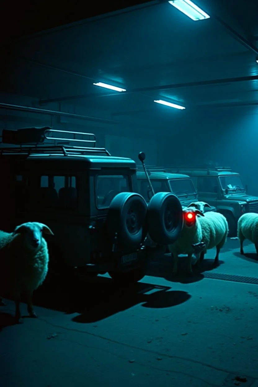 "Create a dark, low-resolution 'CCTV footage' using an old 80s Sony camera. The scene should depict a shadowy, clandestine garage where forbidden medical procedures are being performed on restrained patients. Surrounding the garage, there are several rugged Land Rovers, all while rabid sheep with glowing red eyes roam menacingly around. Add to the chaos with flickering lights, eerie shadows, and a sense of impending doom. The atmosphere should be tense, unsettling, and downright terrifying, with