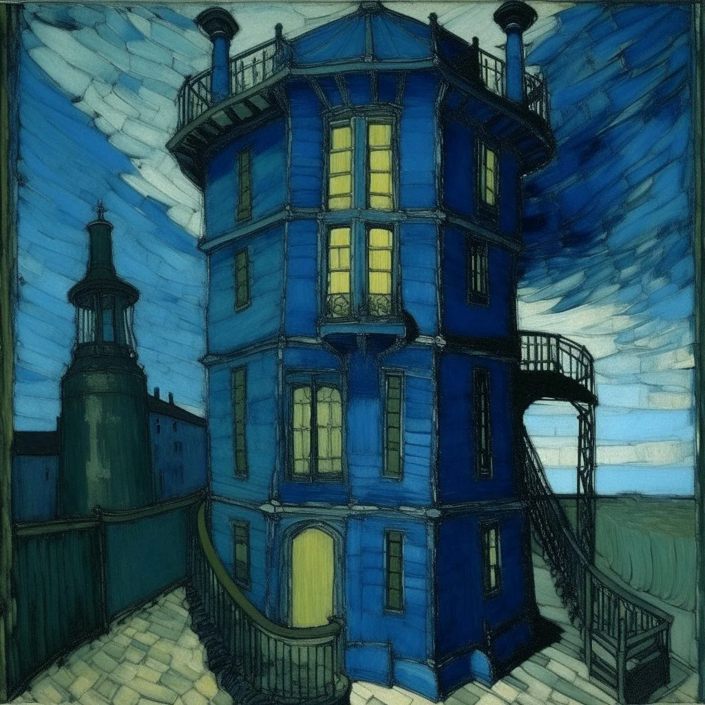 A dark blue tower with a balcony painted by Vincent van Gogh