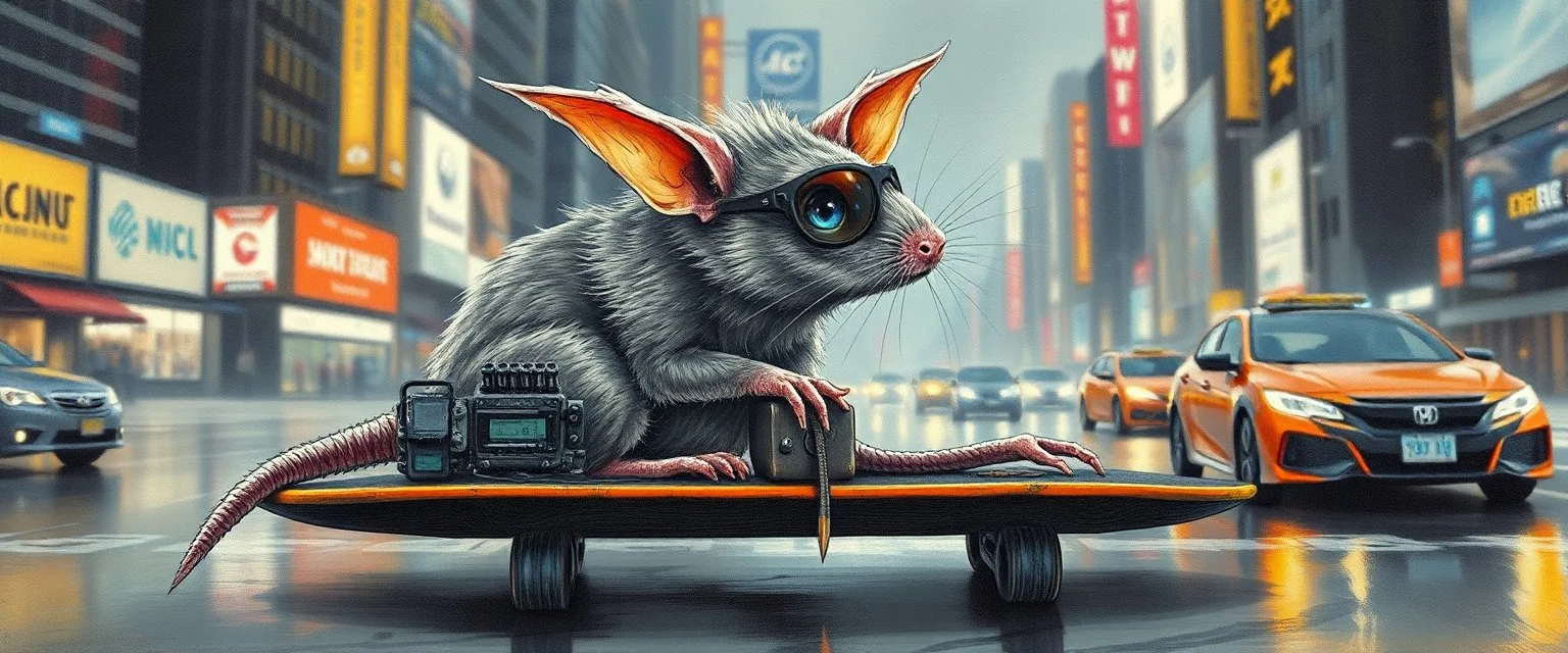 master oil painting by Rembrandt, pen outline and airbrush,the tilted quilter,glasses and ticks, cyberpunk imagery synchronized mechanical stylized fluffy gremlin rat bat laying low barely hanging on, drumming kit flat board trike flickering stable core, wet reflective salt flat city, fast motion blur background, translucent tube cars, technocracy mega tv