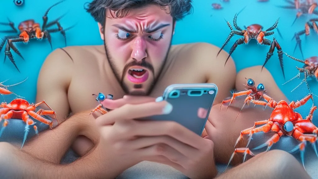 guy drooling while watching censored videos on smartphone surrounded by tiny crabs