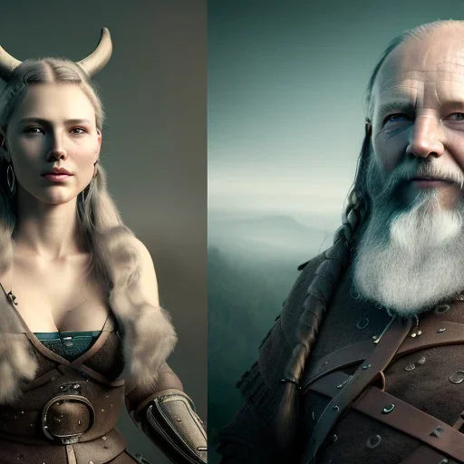 Viking theme, a younger woman sitting next to a 50-year-old man, portrait, 8K, close-up face, anatomically perfect face, Highly detailed stunning full frame portrait, misty and cloudy atmosphere