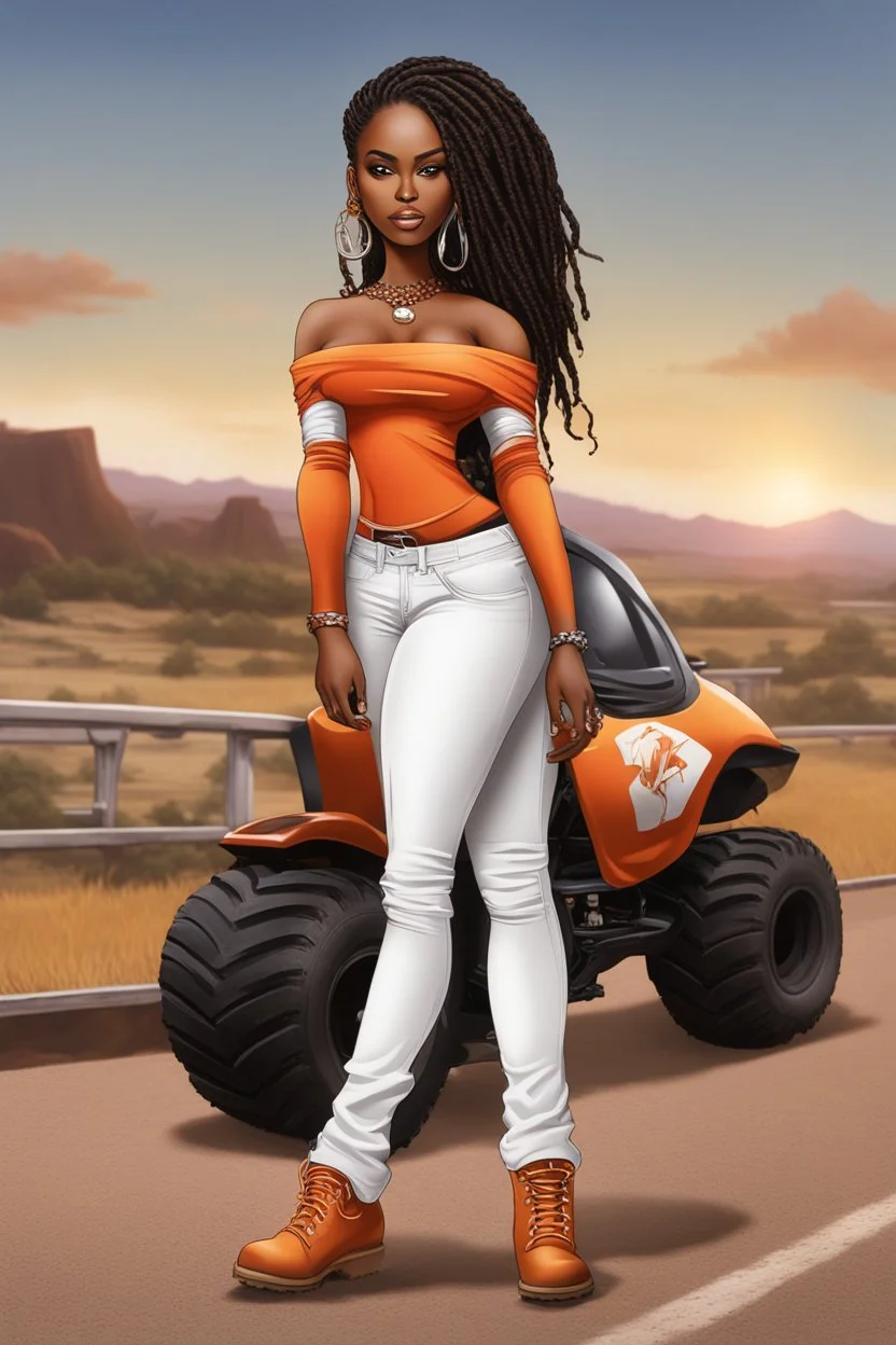 Create a digital airbrush cartoon of a curvy African American female wearing tight white jeans and a off the shoulder orange blouse. She is also wearing timberland boots. Prominent make up with hazel eyes. Highly detailed very long extremely dread locs black hair. Her skin is smooth and silky. Background of a track of ATV riders.