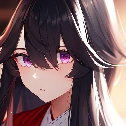 Clear focus,High resolution,8k, Beatiful Lighting, black long fluffy hair, long fluffy bangs, purple eyes, wearing a miko outfit, extreme close up