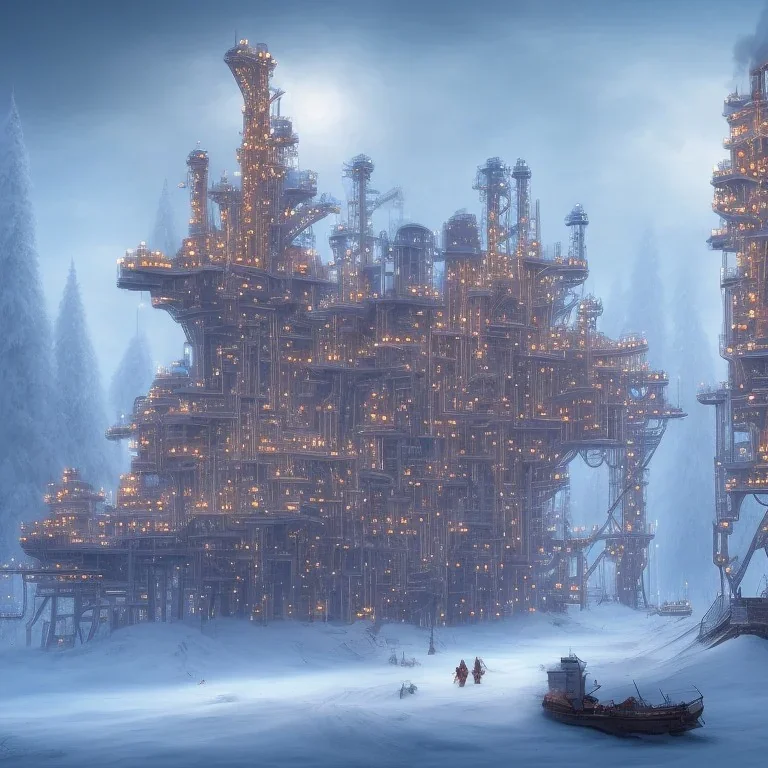 dwarves constructs a oil platform in winter landscape