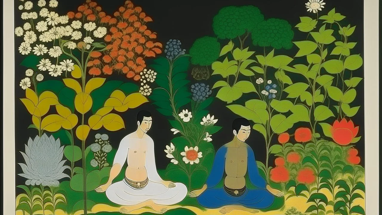 An illustration by Jakuchu and Picasso of of individuals practicing yoga surrounded by blooming flowers and lush vegetation.