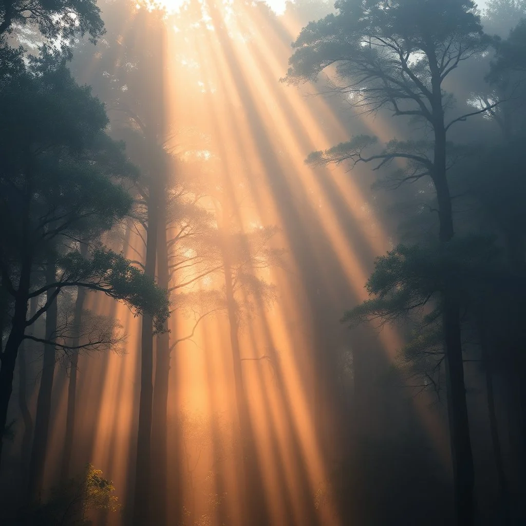 Award-winning fine art photography of majestic ancient forest illuminated by dramatic shafts of sunlight piercing through morning mist, extraordinary atmosphere, immersive depth, poetic composition, professionally captured in National Geographic fine art style, ultra realistic, masterpiece, gallery exhibition quality,, 64 k