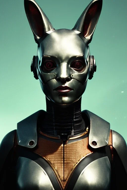 Medium Close Up Portrait, Front image. cyberpunk, rabbit mask, British woman, white short hair. latex, titanium suit. Yellow, black, red, color. Star Wars style. Color background, photo studio. Avatar image, highly detailed, concept art, smooth, unreal engine 5, god rays, ray tracing, RTX, lumen lighting, ultra detail, volumetric lighting, 3d, finely drawn, high definition, high resolution.