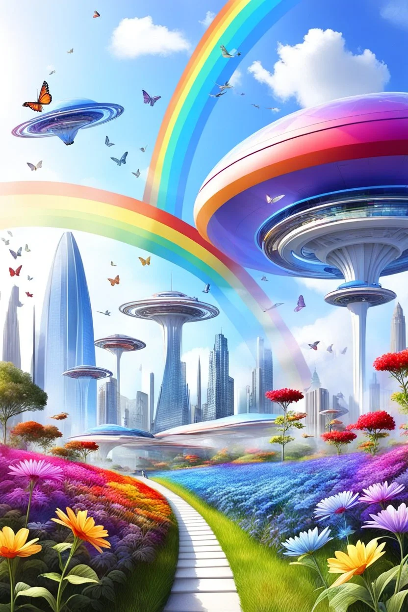 colors, very beautiful, ,flowers garden,rainbow, cité très futuriste ultra moderne, ufos fleet, rainbow intergalactic, birds, butterfly