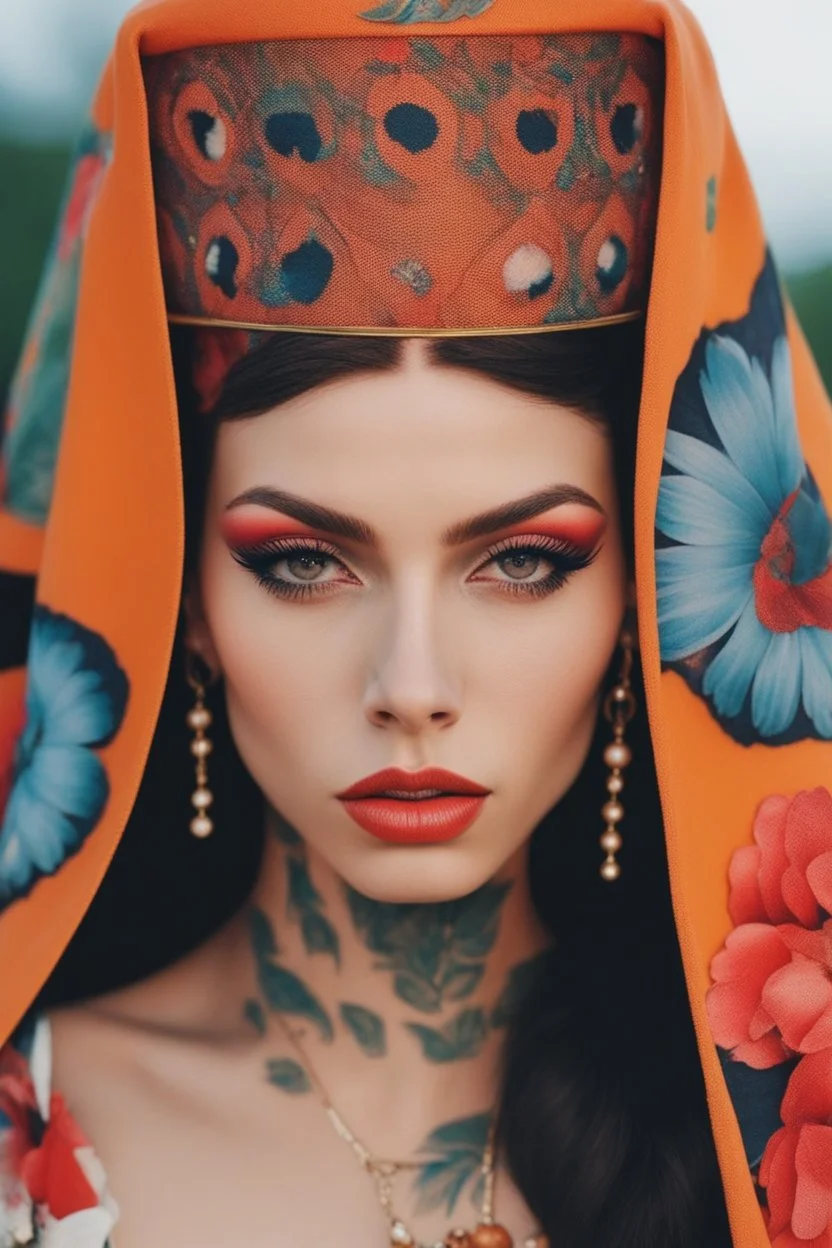 Beautiful Arab woman, petite, short, big eyes and lips, vibrant color, neck tattoo and full sleeves tattoo, thin, tattoos connected, Full coverage chest tatoo, tattoo style complex and colorful and large drawings by (petra collins|roe ethridge, elllen von unwerth, Jan Saudek)