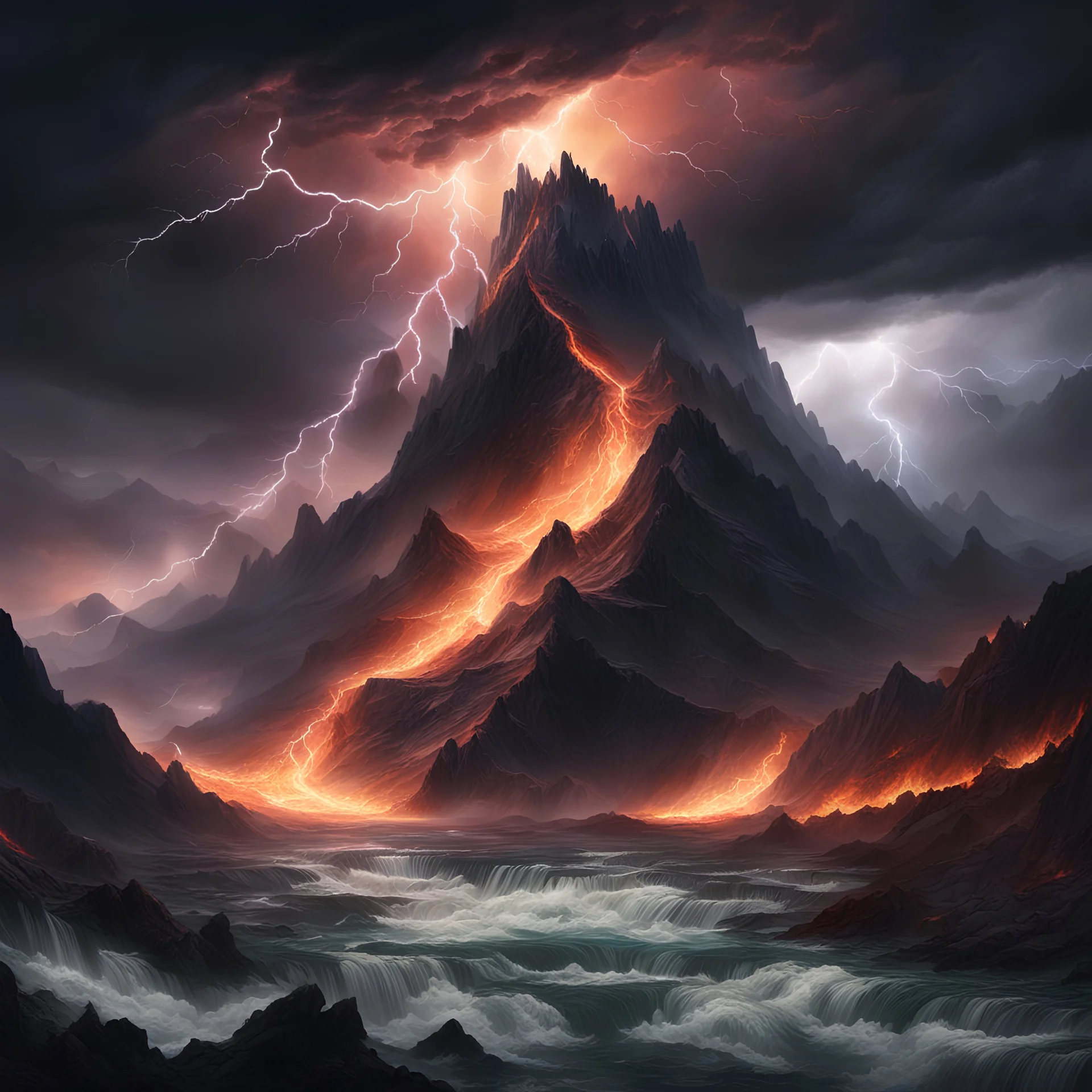 A dark and ominous mountain with a lightning storm around it and raging rivers laced with fire