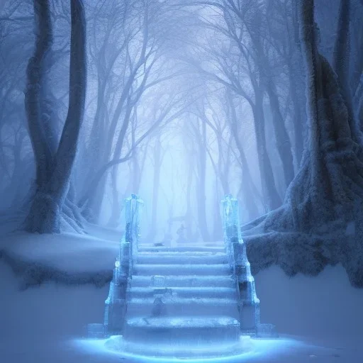 ethereal winter flowers, carved ice door at the end of ice steps, magical atmosphere, Renato muccillo, Andreas Rocha, Johanna Rupprecht, Beardsley, Unreal render, cinematic blue --aspect 9:16 --s 2500