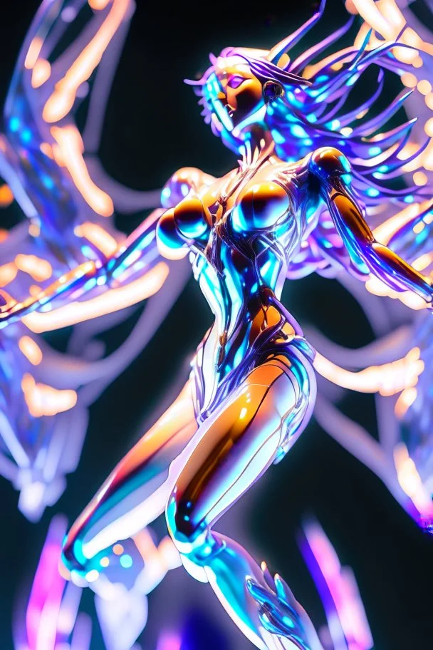 (masterpiece, best quality, highres:1.2), (intricate and beautiful:1.2), (detailed light:1.2), (colorful, front angle), up close futuristic matrix hologram , it's in the form of a 3D statue, emerged in the air, part of the hologram is a stunning anime female, dynamic action pose, emo, goth and dark theme, tight red dress(abstract art gallery background:1.3), (cinematic), ultra realistic kawai, mysterious look