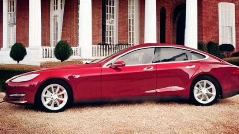 A Tesla's 'Model S Plaid' is racing at top speed, by the mansion of the 'Gone with the Wind' film. CINEMATIC. WIDE ANGLE LENS. PHOTO REAL.