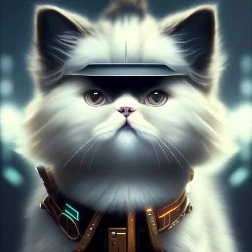 Cyberpunk Portrait of cyborg Persian cat child with brown hair and with cute face, north pole snowy vibe , perfect composition, hyperrealistic, super detailed, 8k, high quality, trending art, trending on artstation, sharp focus, studio photo, intricate details, highly detailed, by greg rutkowski