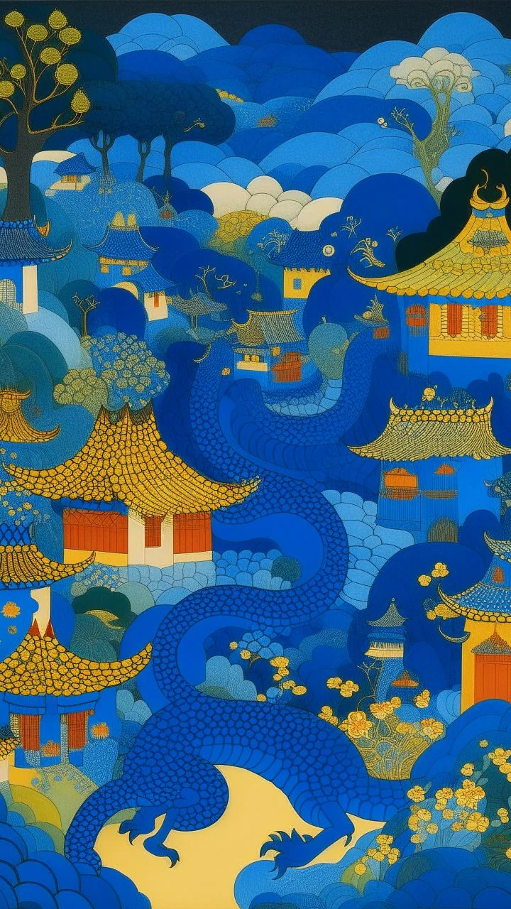 A dark blue village with a dragon palace designed in Chinese paper art painted by Paul Ranson