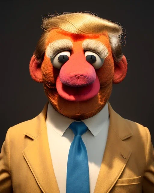 Waist up Portrait, Donald trump muppet, Sesame Street style, retro style, photo studio, unreal engine 5, god lights, ray tracing, RTX, lumen lighting, ultra detail, volumetric lighting, 3d.