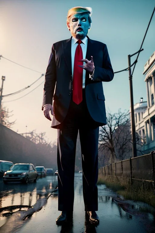 Ultra realistic image night, Donald trump zombie, suit, blood, torn arm, night, the walking dead style, dark ambient, highly detailed, White House background, concept art, unreal engine 5, ray tracing, RTX, ultra detail, volumetric lighting, high definition, high resolution.